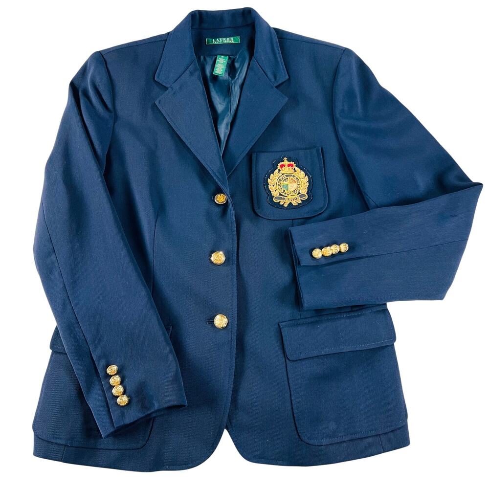 Lauren Ralph Lauren Crest Blazer Navy Blue 100% Wool Gold Buttons Jacket Sz 14